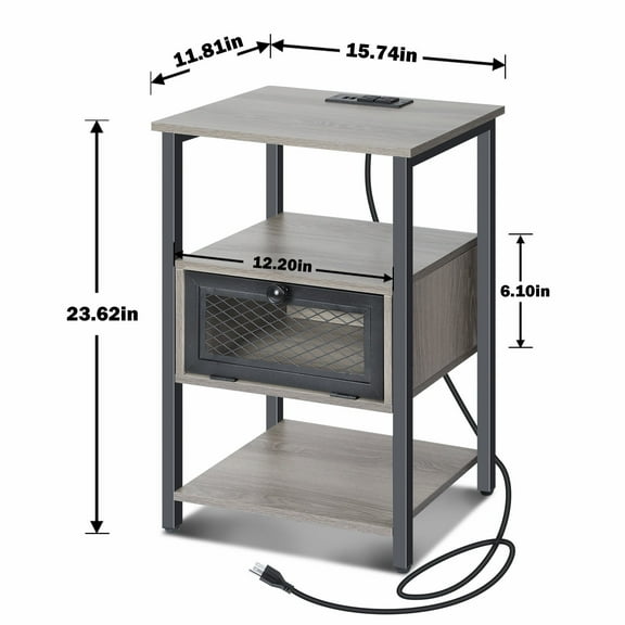 23in H Stylish Side Table Accent Table Side Table with Built-In Charging Station