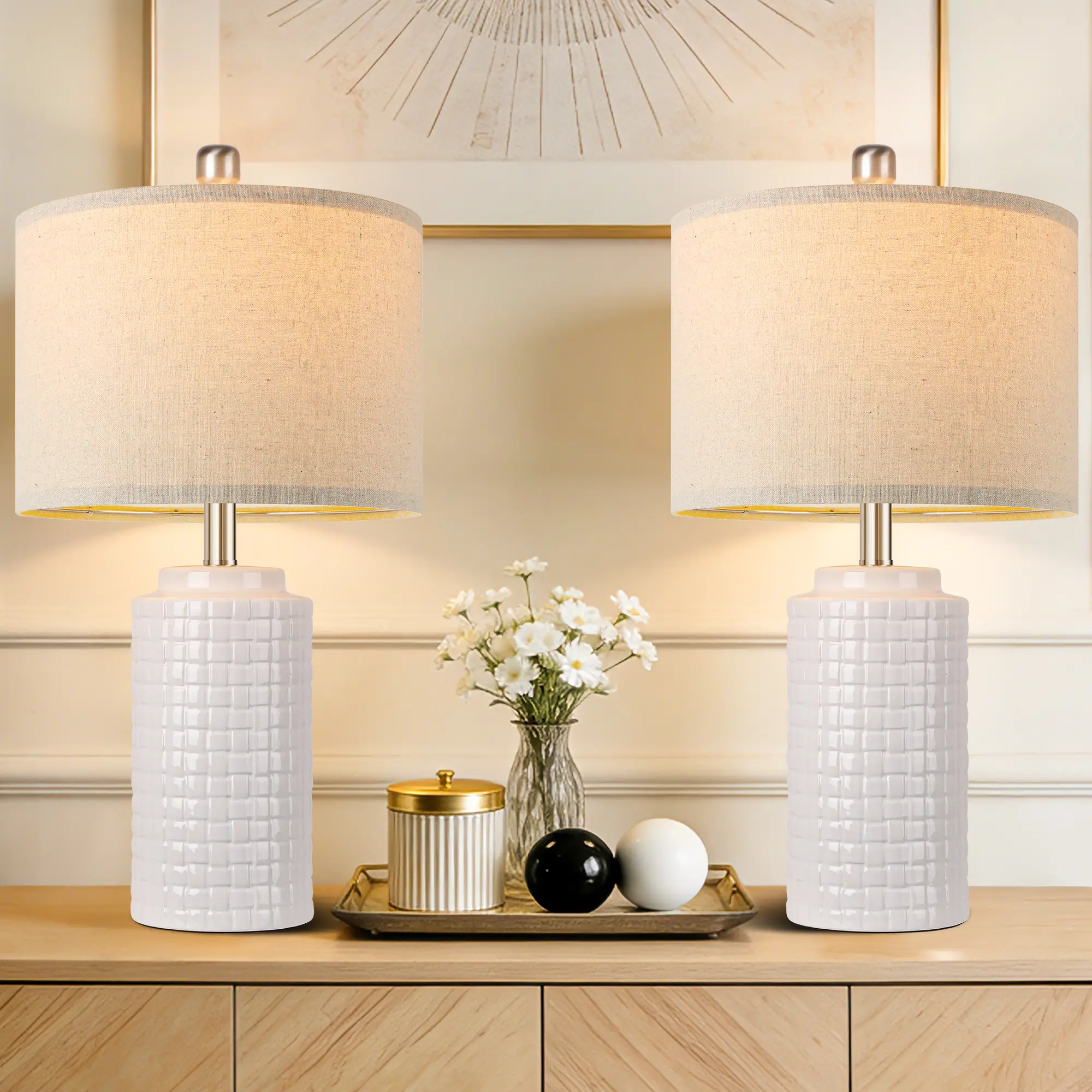 23in Modern Ceramic Table Lamp Set of 2, Table Lamps Rustic Bedside Nightstand White for Living Room