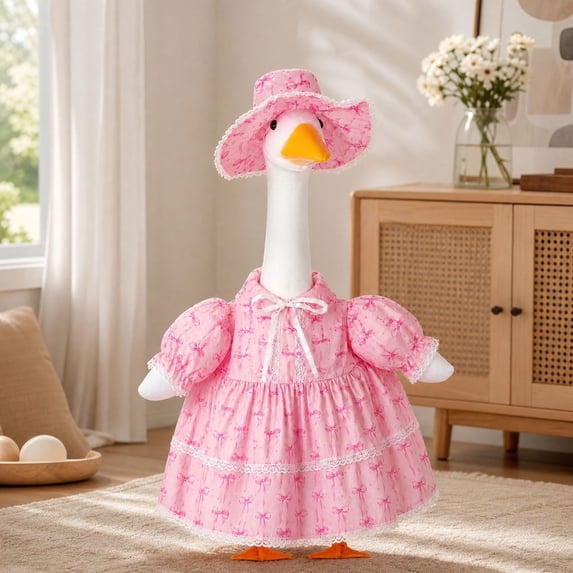 23in Porch Goose Clothes - Pink Bow Print Dress, Lace Trim, Matching Sun Hat - Cute Dress Up Costume for Patio Yard Garden Decor - Akmoler