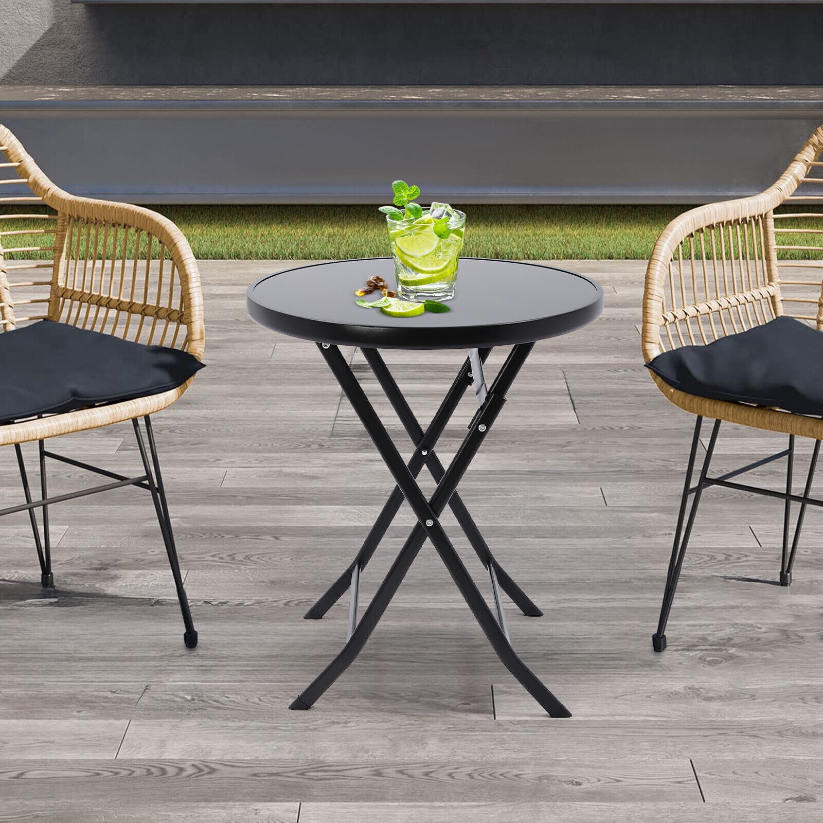 23in Round Side Table Black Folding Coffee Desk, 265lbs Load