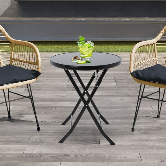 23in Round Side Table Black Folding Coffee Desk, 265lbs Load Outdoor Small Side Table