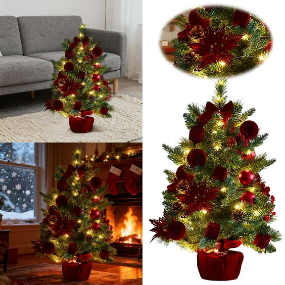 23in Tabletop Christmas Tree with Pine Cones Ornaments,Artificial Christmas Tree with Ribbon Bows,Ball Decorations for Holiday Party,Home Office Desk Decor,Christmas Decorations Supplies(with light)