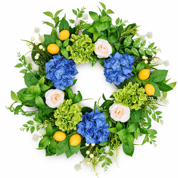 23inch Artificial Hydrangea Lemon Floral Wreath Front Door Decor