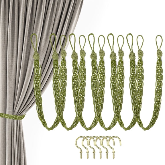 23inch Curtain Tiebacks, 6Pack Curtain Tie Backs Handmade Braided Drapery Tiebacks Lovely Cute Versatile Holdback Rope with Hook for Curtains Drapes Wall Window, Forest Green