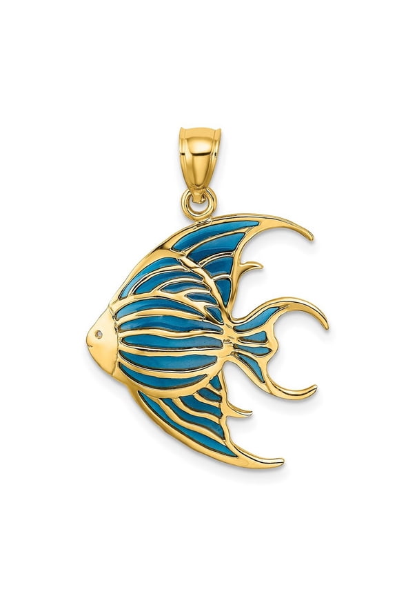 23mm 14k Gold Religious Guardian Angelfish With Blue Stained Glass Accent Charm Pendant Necklace for Women