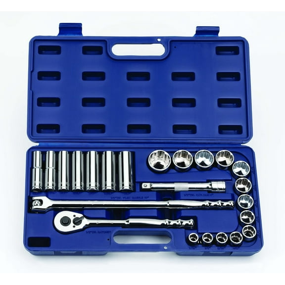 23pc 1/2" Drive 12-Point 1/2" to 7/8" Deep & 7/16" to 1-1/4" Shallow SUPERTORQUE Chrome Sockets & Drive Tools Set In A Packed In A Compact HDPE Carrying Case. Williams # JHW50668