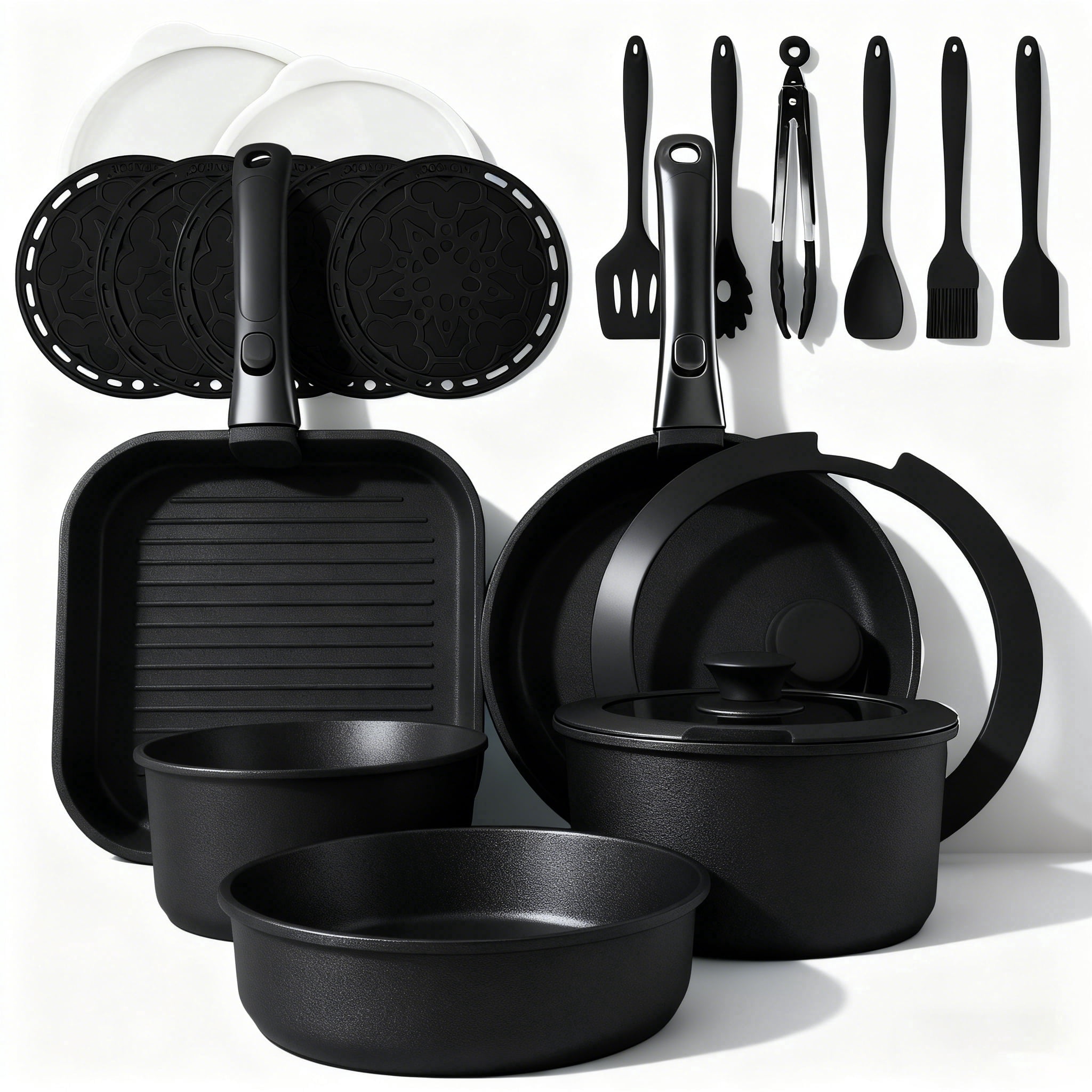 23pcs Pots and Pans Non Stick, Cookware Sets Detachable Handle, Induction Kitchen Pots and Pans,NonStick Cooking Set, Oven/Dishwasher/Fridge , Space Saving,Healthy Kitchen Cookware Sets