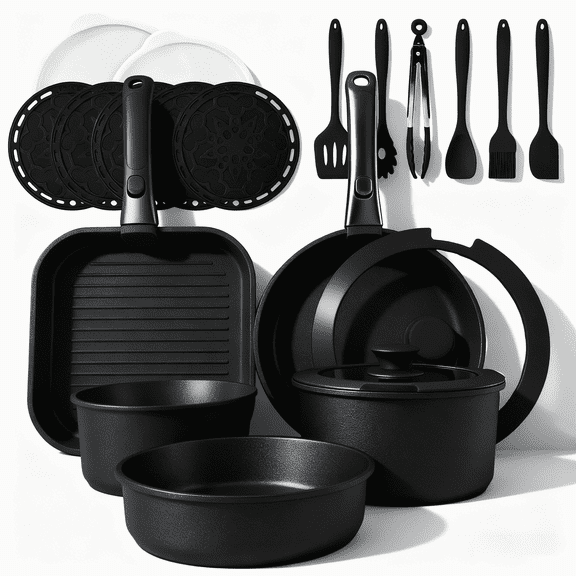 23pcs Pots and Pans Non Stick, Cookware Sets Detachable Handle, Induction Kitchen Pots and Pans,NonStick Cooking Set, Oven/Dishwasher/Fridge , Space Saving,Healthy Kitchen Cookware Sets