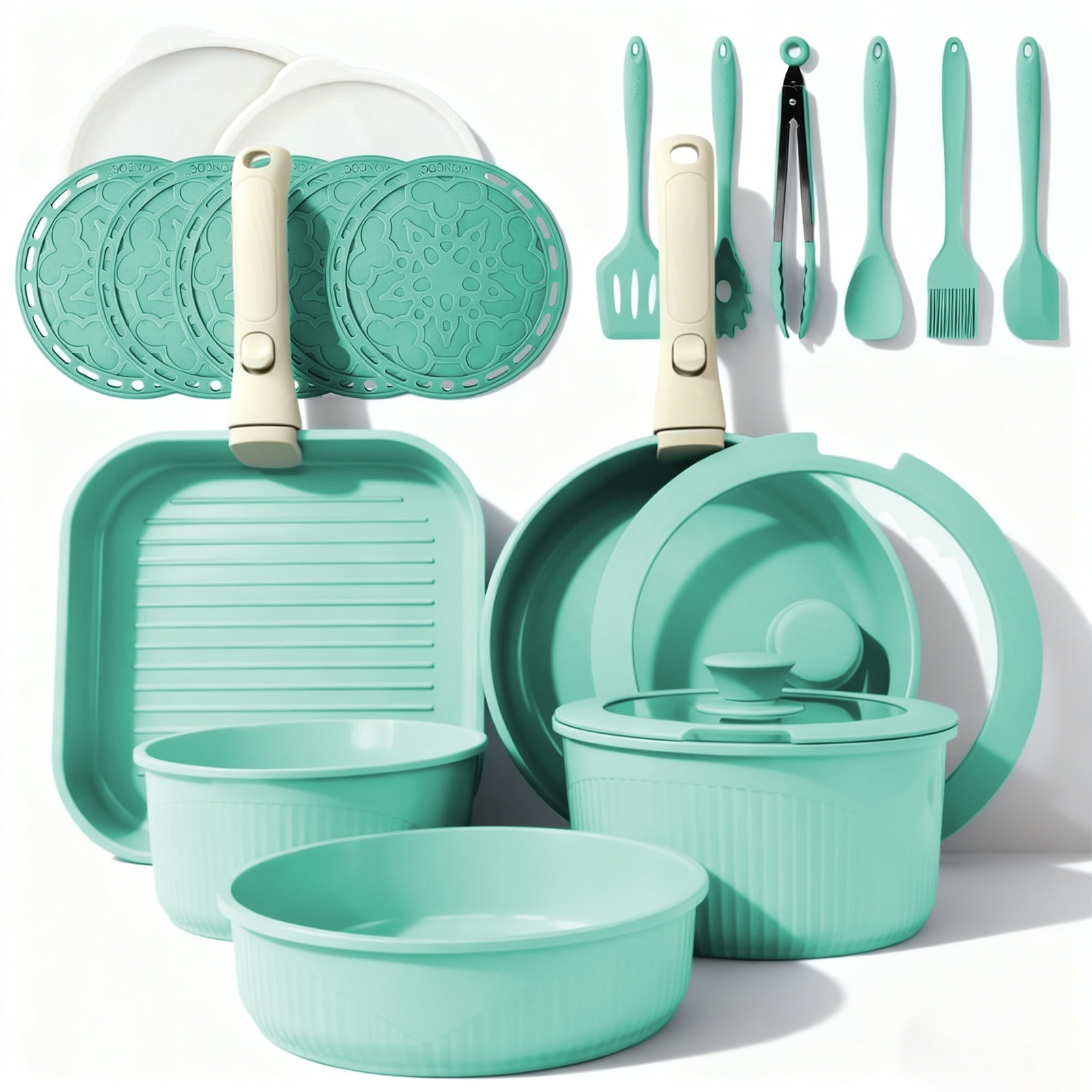 23pcs Pots and Pans Non Stick, Cookware Sets Detachable Handle, Induction Kitchen Pots and Pans,NonStick Cooking Set, Oven/Dishwasher/Fridge , Space Saving,Healthy Kitchen Cookware Sets