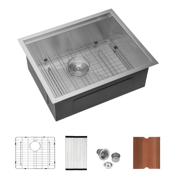 23x19x13"" Brushed Nickel Undermount Laundry Workstation Sink - 16 Gauge Stainless Steel Deep Single Bowl Utility Tub with Drain Grooves, Soundproofing & Accessories for Laundry Room