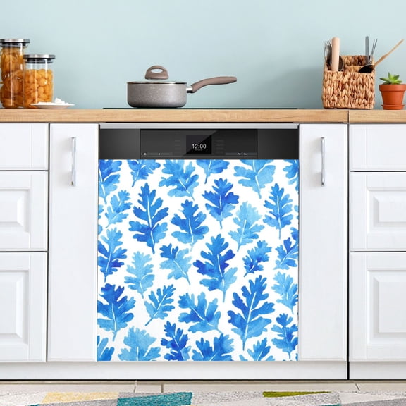 23x26 Inch Magnetic Appliance Cover Dishwasher Sticker Home Decorative Art Kitchen Panel Decal Trimmable Blue Oak Leaf Pattern