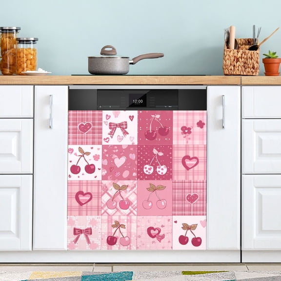 23x26 Inch Magnetic Appliance Cover Dishwasher Sticker Home Decorative Art Kitchen Panel Decal Trimmable Cherry Pattern with Bows