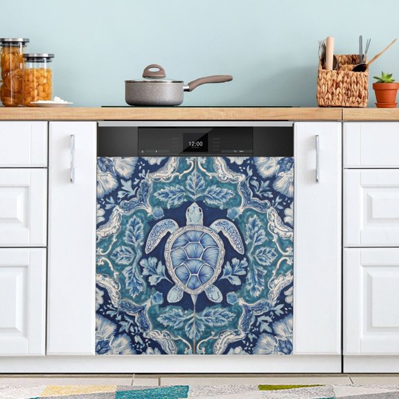 23x26 Inch Magnetic Appliance Cover Dishwasher Sticker Home Decorative Art Kitchen Panel Decal Trimmable Dark Teal Turtle Pattern