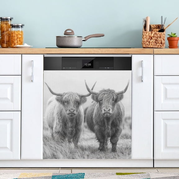 23x26 Inch Magnetic Appliance Cover Dishwasher Sticker Home Decorative Art Kitchen Panel Decal Trimmable Grey Highland Cattle