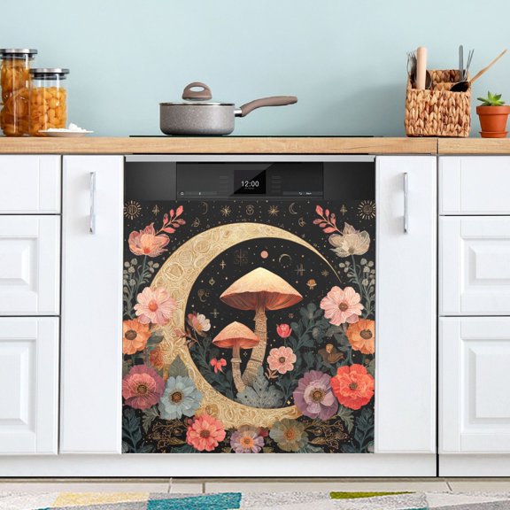 23x26 Inch Magnetic Appliance Cover Dishwasher Sticker Home Decorative Art Kitchen Panel Decal Trimmable Mushroom and Crescent Moon