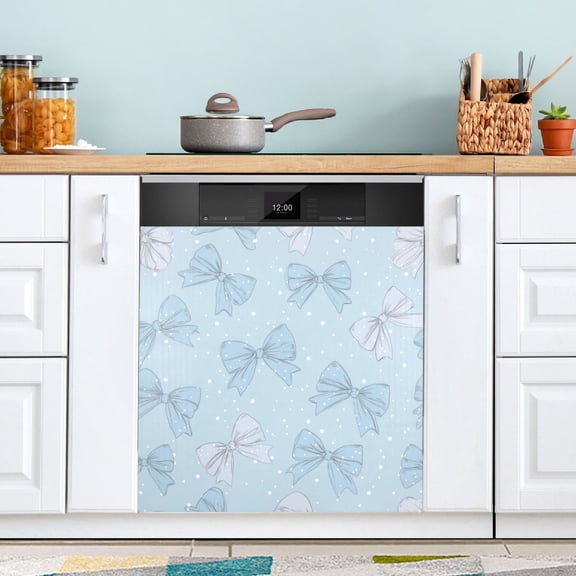 23x26 Inch Magnetic Appliance Cover Dishwasher Sticker Home Decorative Art Kitchen Panel Decal Trimmable Pastel Blue Bows and Dots