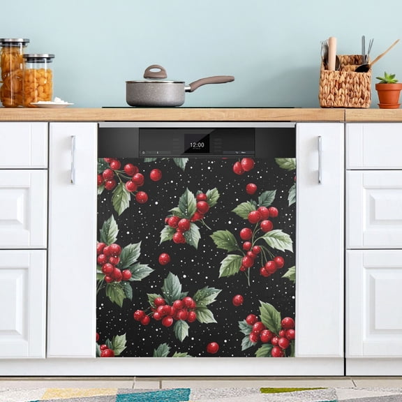 23x26 Inch Magnetic Appliance Cover Dishwasher Sticker Home Decorative Art Kitchen Panel Decal Trimmable Red Holly Berries Pattern