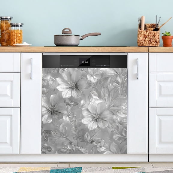 23x26 Inch Magnetic Appliance Cover Dishwasher Sticker Home Decorative Art Kitchen Panel Decal Trimmable Silver Metal Flower Pattern