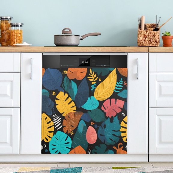 23x26 Inch Magnetic Appliance Cover Dishwasher Sticker Home Decorative Art Kitchen Panel Decal Trimmable Tropical Leaves Pattern
