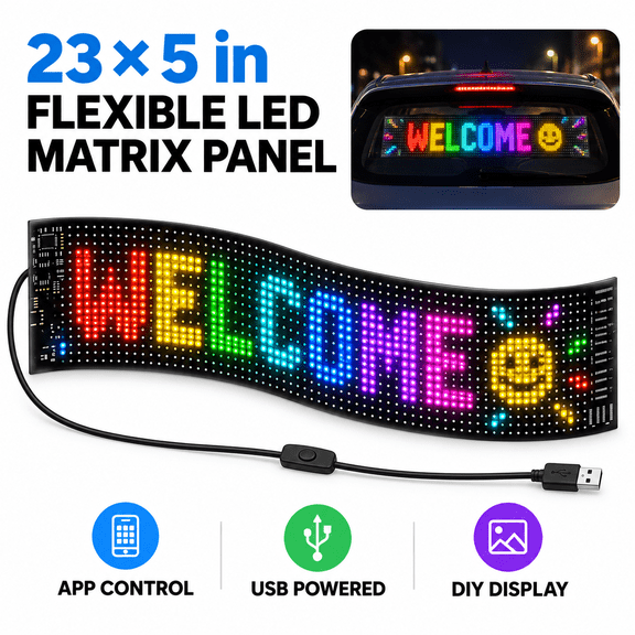 23x5" Flexible LED Sign,Bluetooth App Control,Custom Text,RGB Digital Display,USB Light Up,LED Message Board,IP66 Waterproof for Cars,Holidays,Bars & Parties