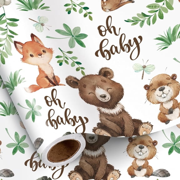 23x58 Inch Cute Wrap Paper Sheet Jungle Animal Wrapping Paper Roll for Boy Girl, Cute Safari Design with Elephant Giraffe Zebra Lion Gift Wrap for Birthday, Baby Shower, Nursery Celebrations