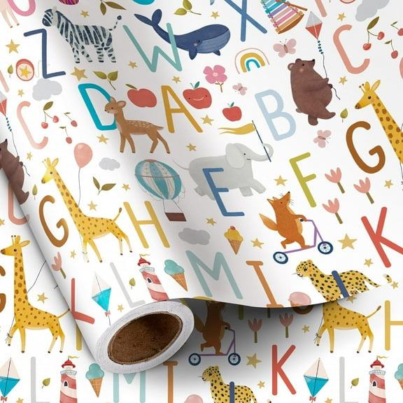 23x58 Inch Cute Wrap Paper Sheet Jungle Animal Wrapping Paper Roll for Boy Girl, Cute Safari Design with Elephant Giraffe Zebra Lion Gift Wrap for Birthday, Baby Shower, Nursery Celebrations