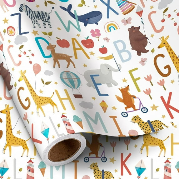23x58 Inch Cute Wrap Paper Sheet Jungle Animal Wrapping Paper Roll for Boy Girl, Cute Safari Design with Elephant Giraffe Zebra Lion Gift Wrap for Birthday, Baby Shower, Nursery Celebrations