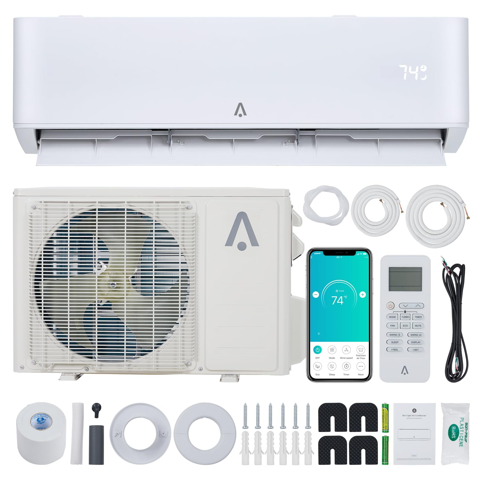 24,000 BTU Mini Split Air Conditioner,23 SEER2 WiFi Mini Split Ac/heating System,Inverter Ductless Air Conditioner with Pre-Charged&Installation Kits,Cools Room up to 1500 Sq.Ft,208/230V（ship in 2 box