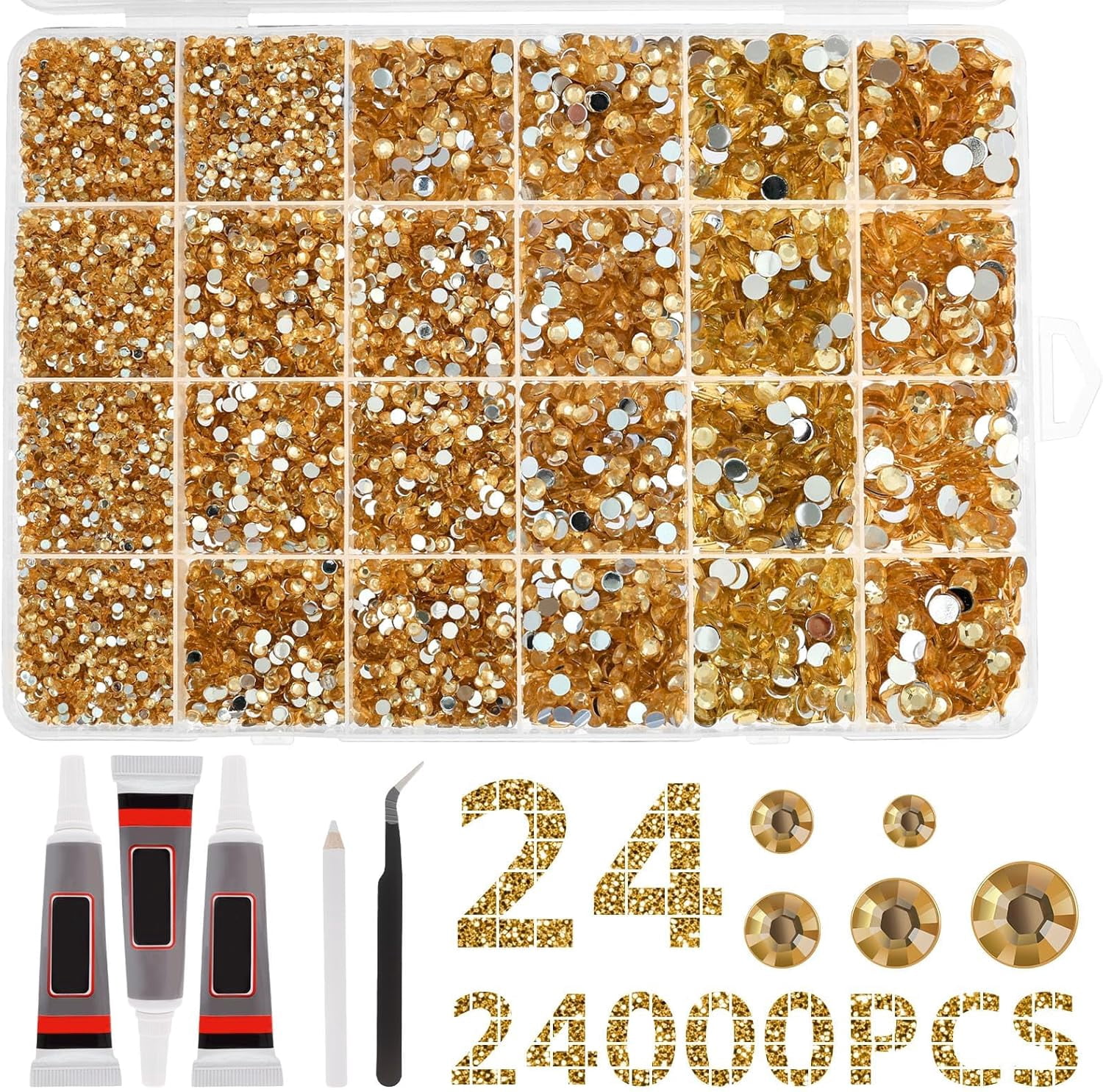 24,000-Pc Resin Rhinestones Kit for Crafting, 3mm Flatback with Storage Box & Tools, for Nail Art, Jewelry, Clothing Decoration (Gold)