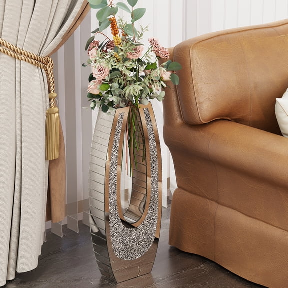 24.01"U-shaped Floor Vase Shattered Diamond Mirror Surface Vase Silver Tall Vase Transparent Tempered Glass Large Crystal Glass Decoration Floor Vase for Living Room Corner Hallway