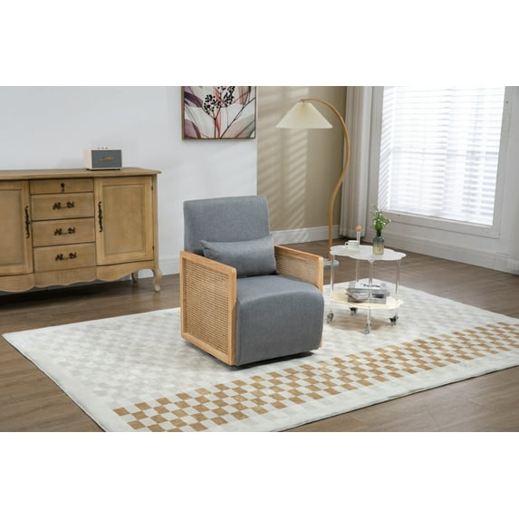 24.02 Inch Single Swivel Chair, Linen Upholstered Accent Chair with Lumbar Pillow and High Backrest, Comfy Barrel Chair with Rattan Handrail for Living Room, Bedroom and Office, Grey