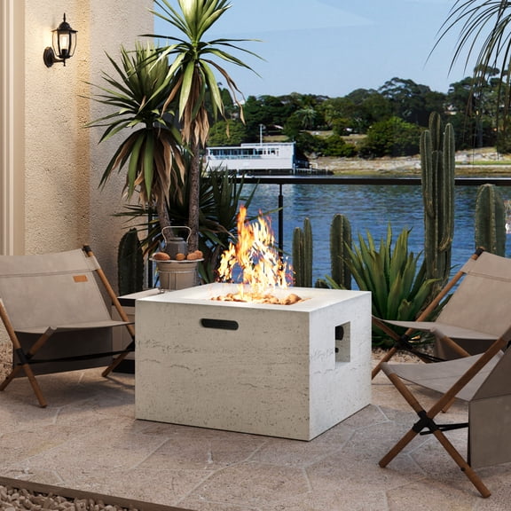 24.02" Square MGO Propane Fire Pit Table – 40,000 BTU Steel Burner, Adjustable Flame, Lava Rocks, Rain Cover for Patio, Backyard, Poolside, Beige