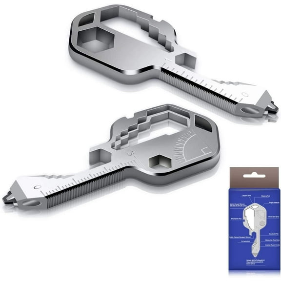 24 in 1 Multi Tool Key, Stainless Steel Key Shaped Pocket Tool, Outdoor Multitool for Bottle Opener,Screwdriver,Ruler, Wrench,Stripping,Bit Driver,Suitable for Gifts,Men and Boys (Silver) (2pcs)