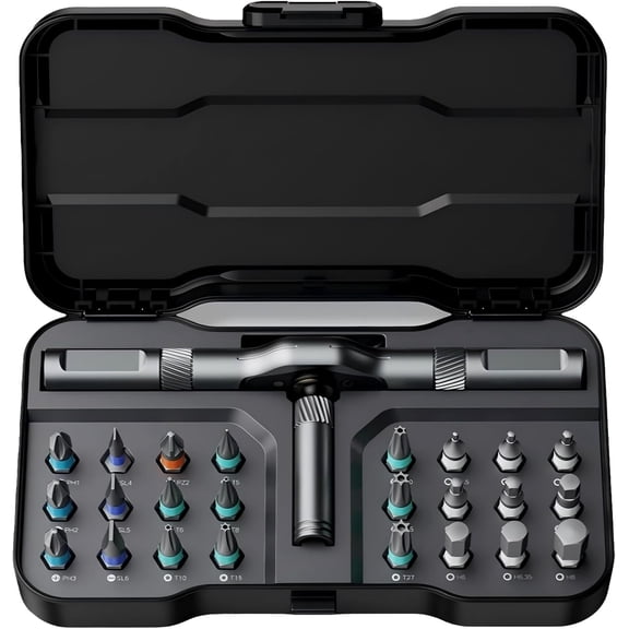 24 in 1 magnetic ratchet screwdriver set, Mini Bit Driver Kit with Reversible T-Handle, 40-Tooth Magnetic Multi-Bit Tool for Tight Spaces, Furniture Assembly, Bike Repair & EDC, with Case