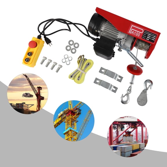 24*10*12cm 220lbs Electric Winch Red Electric Hoist with Remote Control & Single/Double Slings Practical Lifting Straps