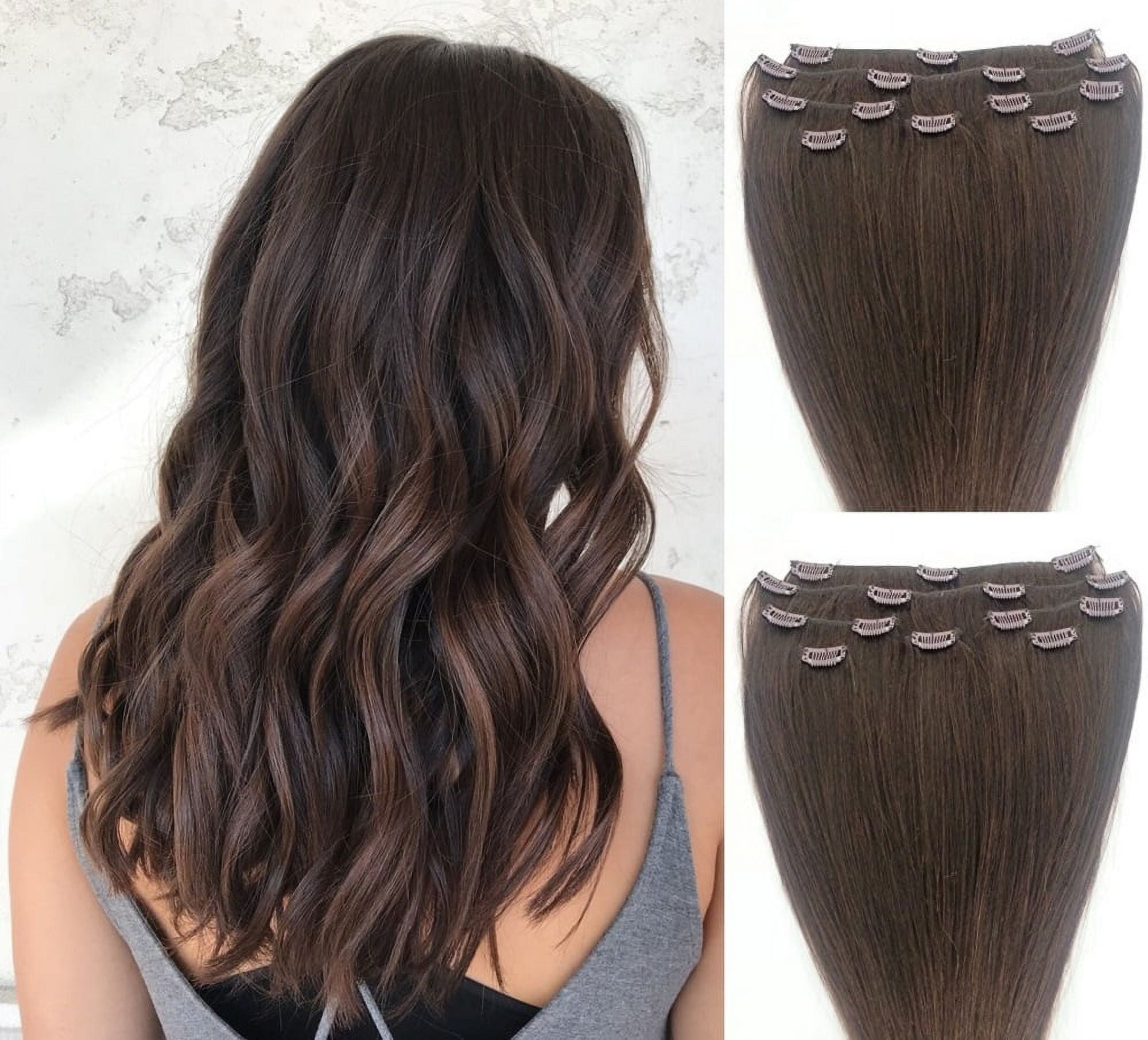 24″ 100% Clip in Human Hair Extensions 7Pcs,14 clips #3 Medium Dark Brown
