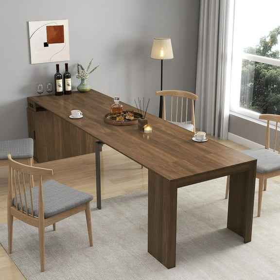 24"-118" Extendable Dining Table with Storage for 2-12 People, Modern Space-Saving Extra Long Wood Folding Table with USB & AC Outlets, Multifunctional Conference Meeting Table, Walnut
