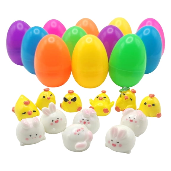 24/12 Piece Prefilled Easter Eggs with Cute Rabbit & Chick Figurines Toys Filled Easter Eggs with Toys Inside for Easter BasketStuffers, Easter Party Decorations