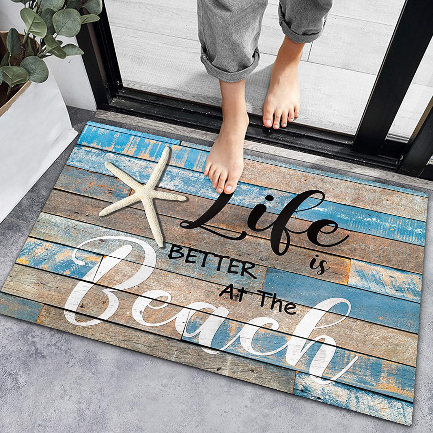 24*16inches Beach Welcome Mat Coastal Door Mat,Life is Better at The Beach Indoor Doormat Front Mats,Ocean Nautical Starfish Non-Slip Absorbent Entrance Rugs Wood Grain Bath Rug for Bathroom Bedroom