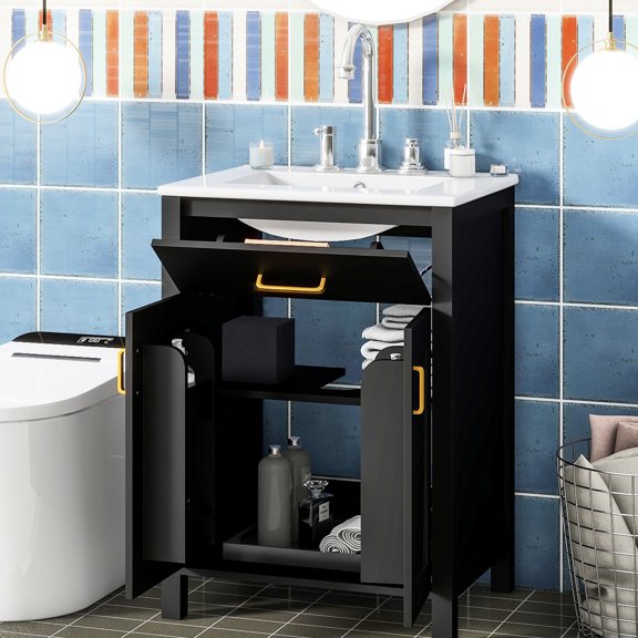 24.2" Width, Quality Made - Space - Efficient in Bathrooms - Golden Handles for Sophistication - Dual - tier Storage for Toiletries