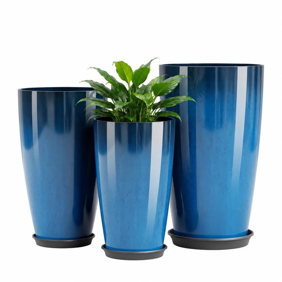 24,21,18 Inch Tall Planters for Outdoor Plants Set of 3 - Fluted Large Outdoor Planters for Front Porch Decor with Drainage Hole, Plastic Round Flower Pots Fits Indoor Plants Patio/Garden(Blue)