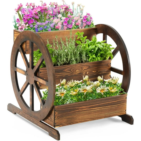 24"24.5"22.5" 3 Tier Wooden Wagon Planter Box  Outdoor Garden Planter with Drainage Holes for Patio/Vegetables/Flowers
