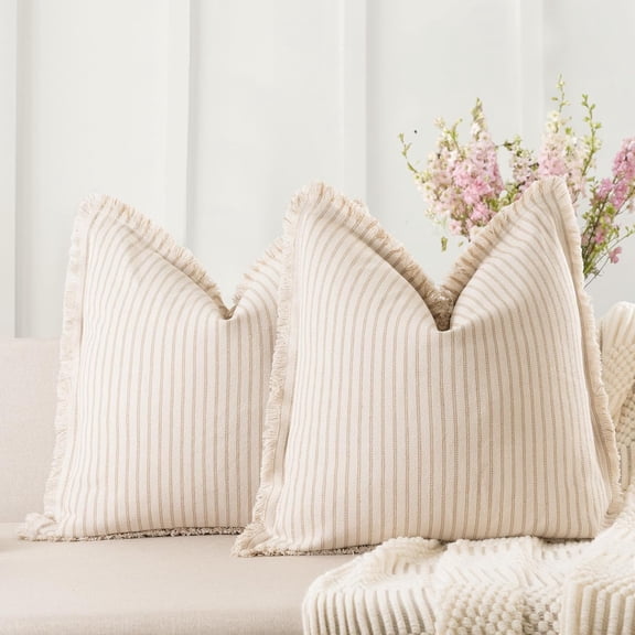 2424 Throw Pillow Covers Khaki Striped Pillow Covers with Fringe Chic Cotton Decorative Pillows Square Cushion Covers for Sofa Couch Bed Living Room Farmhouse Decor