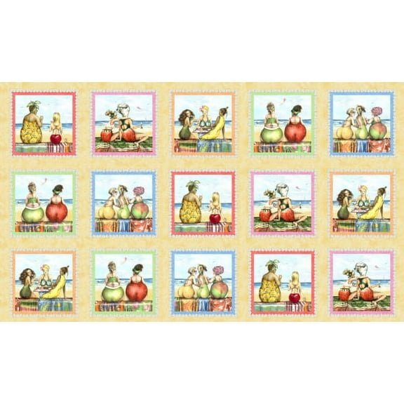 24.25" X 44" Panel Fruit Ladies Blocks Squares Beach Scenes Women Tropical Vacation Summer Sand Cotton Fabric Panel (1521SAND)