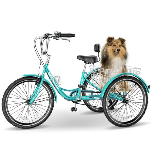 24"/26'' Adult Tricycles for Women, Men with Big Basket, 7 Speed 3 Wheel Bikes for Adults, Low-Step Through Frame Tricycle for Adults Seniors, Stable and Safe