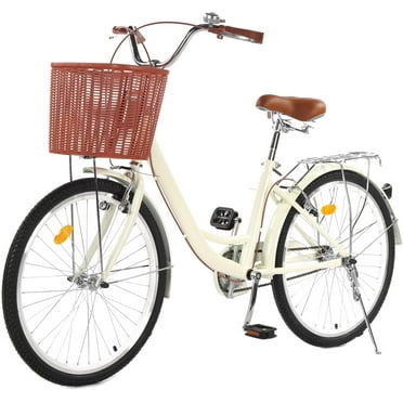 24/26 Inch Beach Cruiser Bike for Women, Womens Bike with Basket 1 Speed, Step Through Bikes, Commuter Bicycle Women Adult with Adjustable Seat