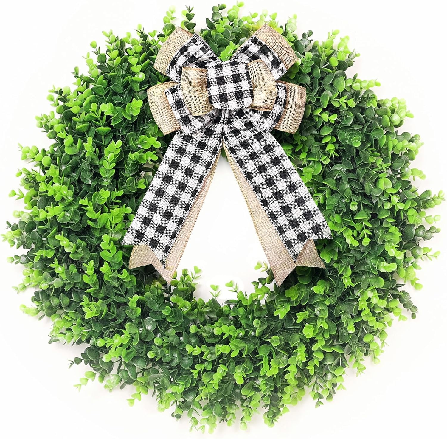 24-26'' Large Boxwood Wreath for Front Door, Porch, Window - Foldable Greenery Boxwood Wreaths for Farmhouse Wedding Indoor Outdoor Decor (with Bow)