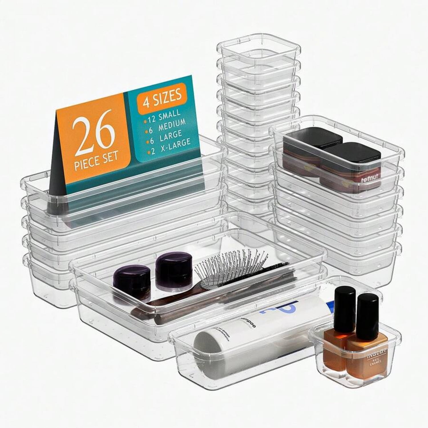 「24/26 Pc Clear Plastic Drawer Organizer Set - Durable PP Material」4 Sizes In Drawer Trays