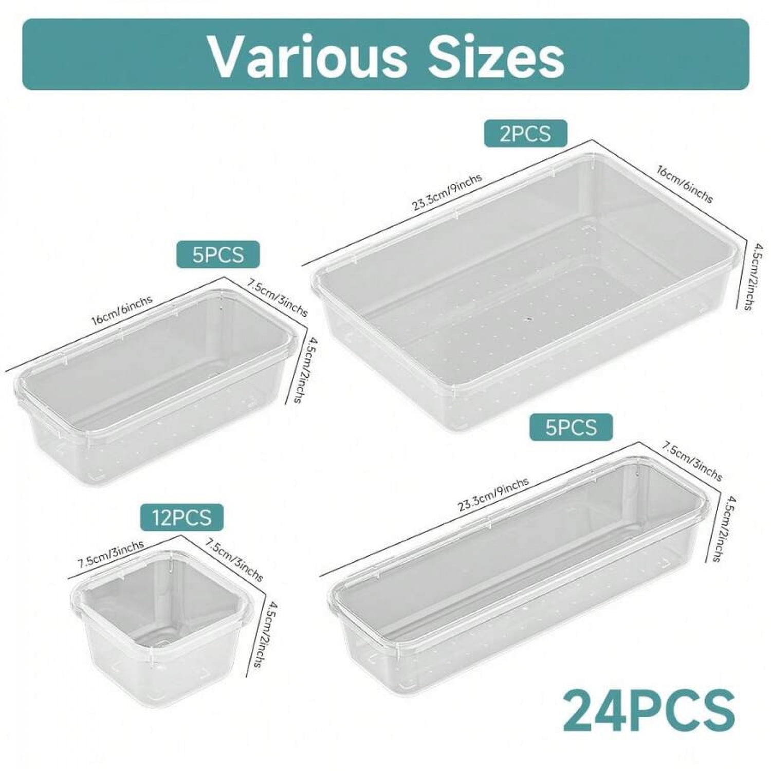 「24/26 Pc Clear Plastic Drawer Organizer Set - Durable PP Material」4 Sizes In Drawer Trays