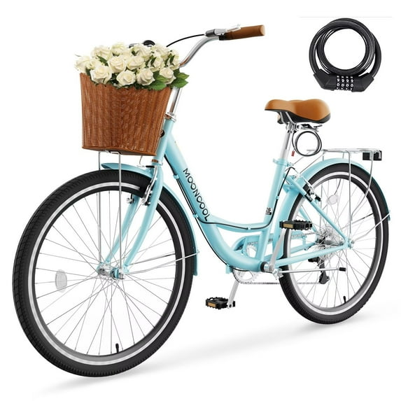 24 26 inch 7 Speed Bicycle for Women with Basket & Lock, Cruiser Bike for Women, Womens Commuter Bicycle Lightweight City Bikes for Adults Ladies